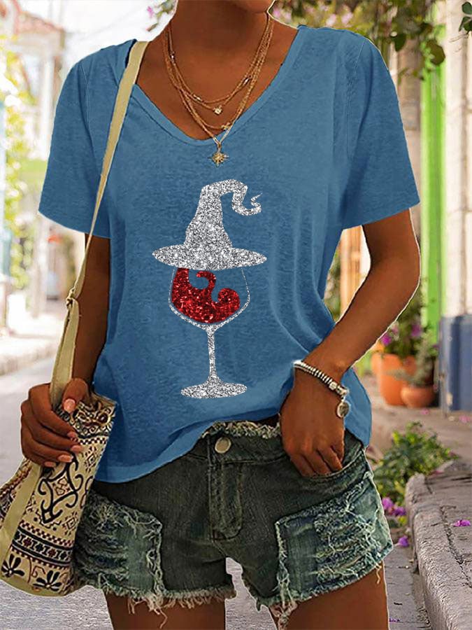 Women's Halloween Red Wine Glass Print Casual T-Shirt