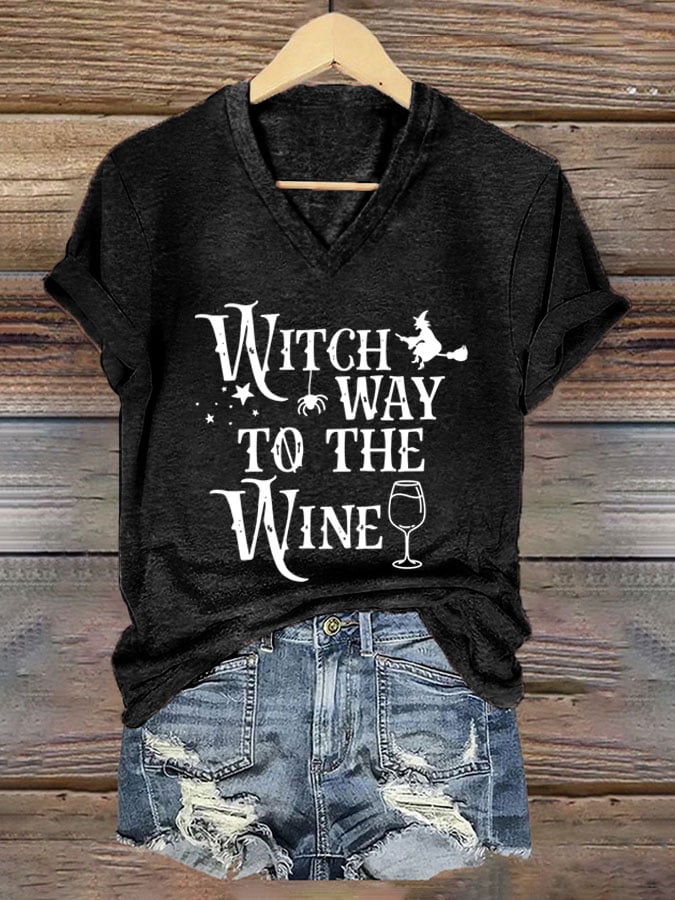 Women's Wicth Way To The Wine Print V-Neck T-Shirt
