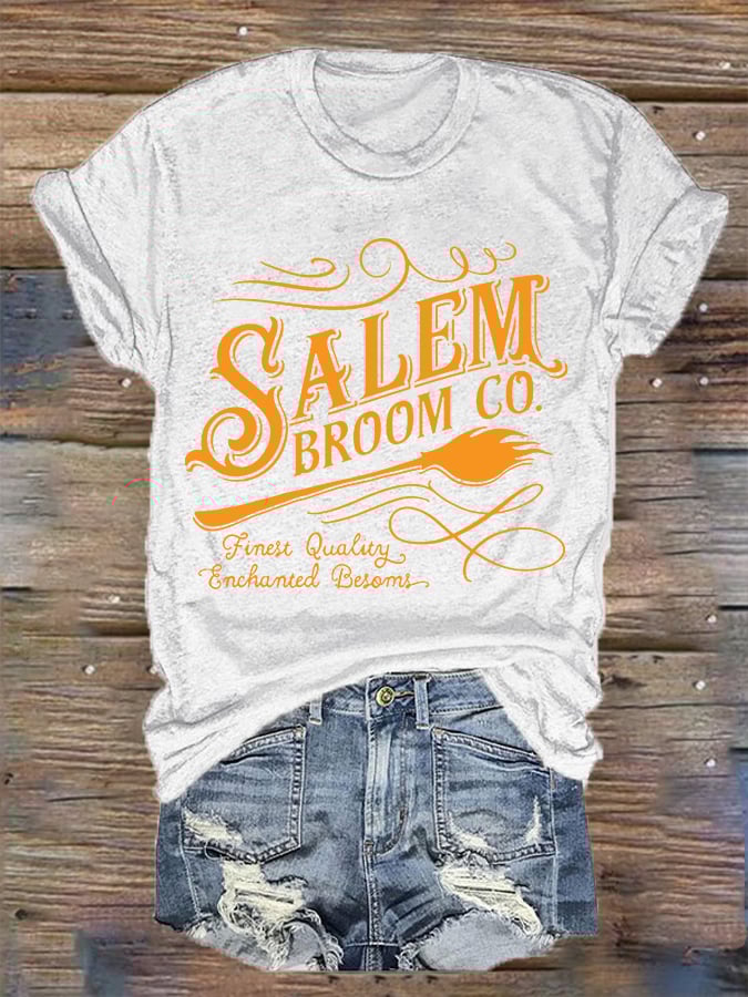 Women's Funny Halloween Salem Broom Co. Casual V-Neck Tee