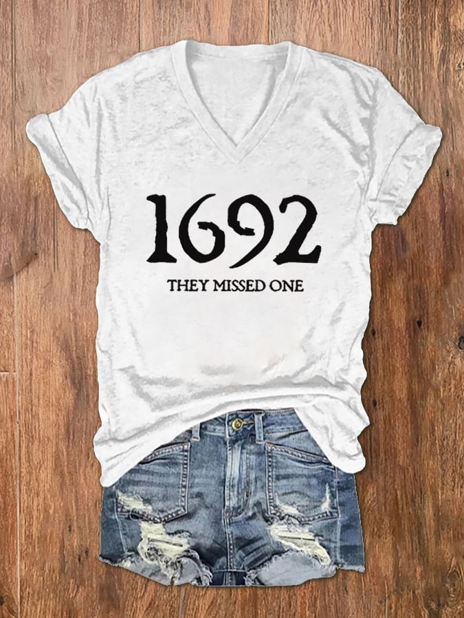 Women's 1692 They Missed One Salem Witch Print V-Neck T-Shirt