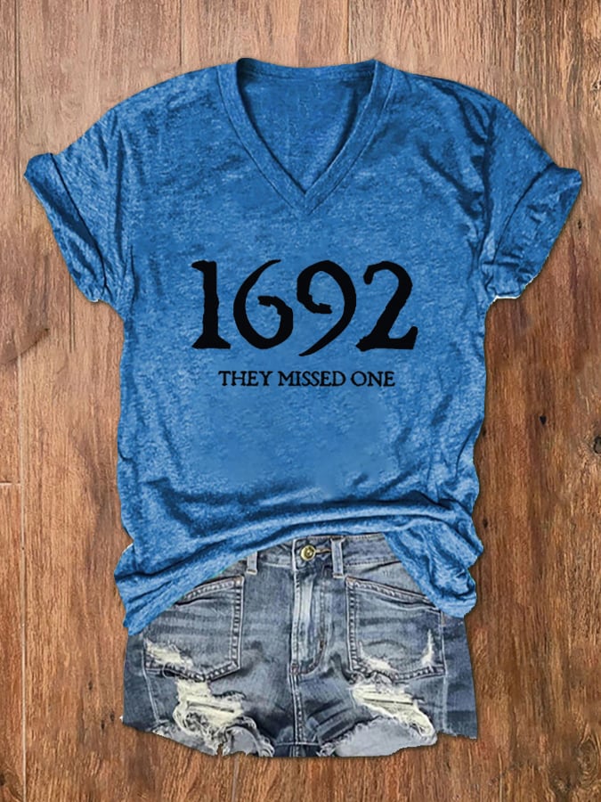 Women's 1692 They Missed One Salem Witch Print V-Neck T-Shirt