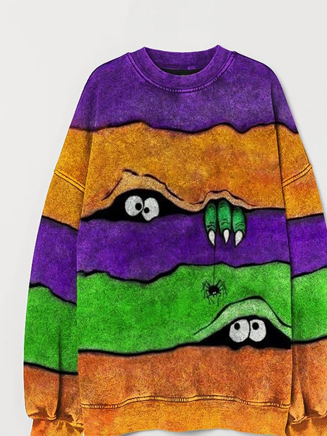 Women's Casual Halloween Peek Monster Print Long Sleeve Sweatshirt