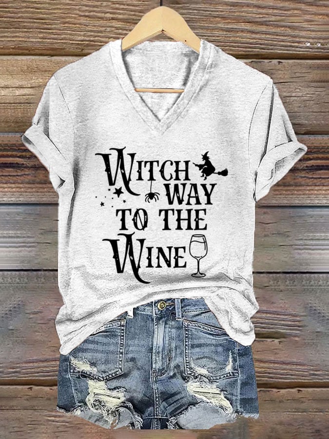Women's Wicth Way To The Wine Print V-Neck T-Shirt