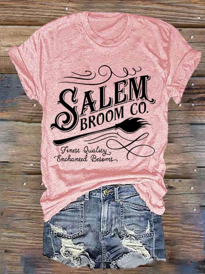 Women's Funny Halloween Salem Broom Co. Casual V-Neck Tee