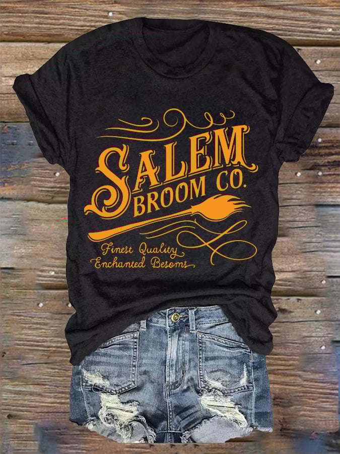 Women's Funny Halloween Salem Broom Co. Casual V-Neck Tee