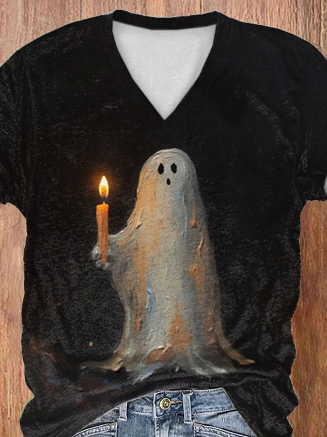 V-neck Retro Ghost Painting Candle Print T-Shirt