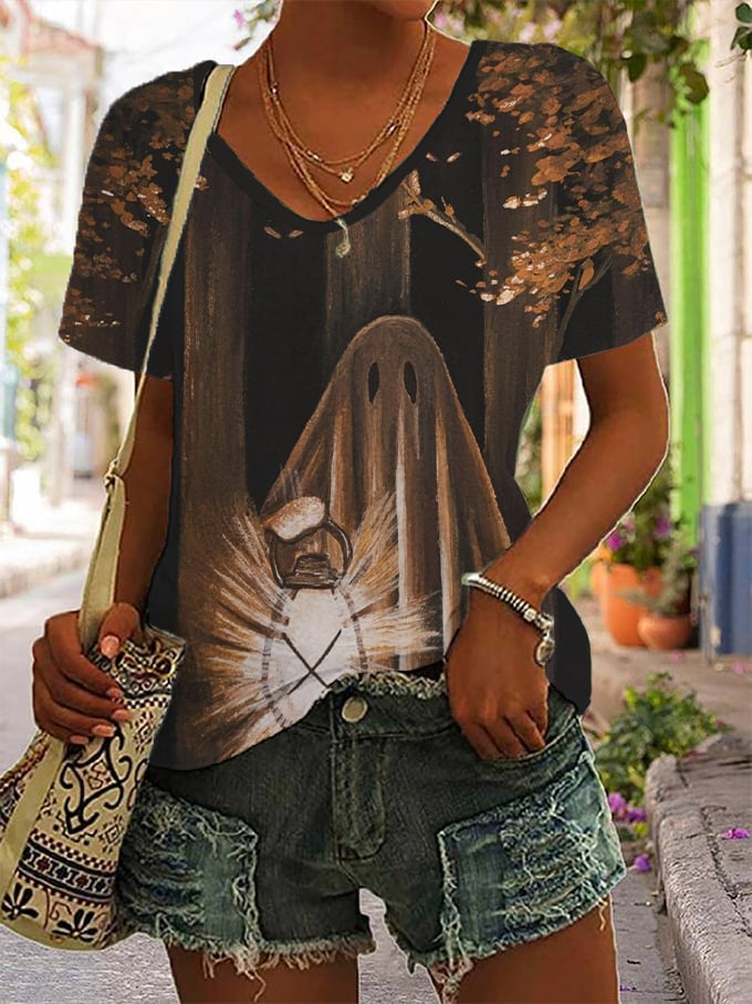Women's Halloween Cute Lantern Ghost Print V-Neck T-Shirt