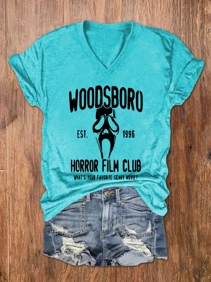 Women's Woodsboro Horror Film Club Scream Ghost Print V-Neck T-Shirt