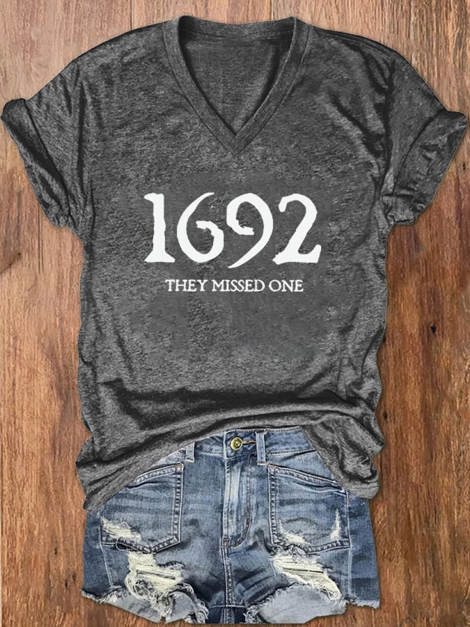 Women's 1692 They Missed One Salem Witch Print V-Neck T-Shirt