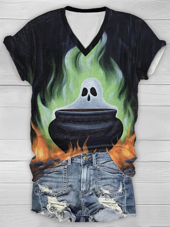 Women's Casual Ghost Art Printed Short Sleeve T-Shirt