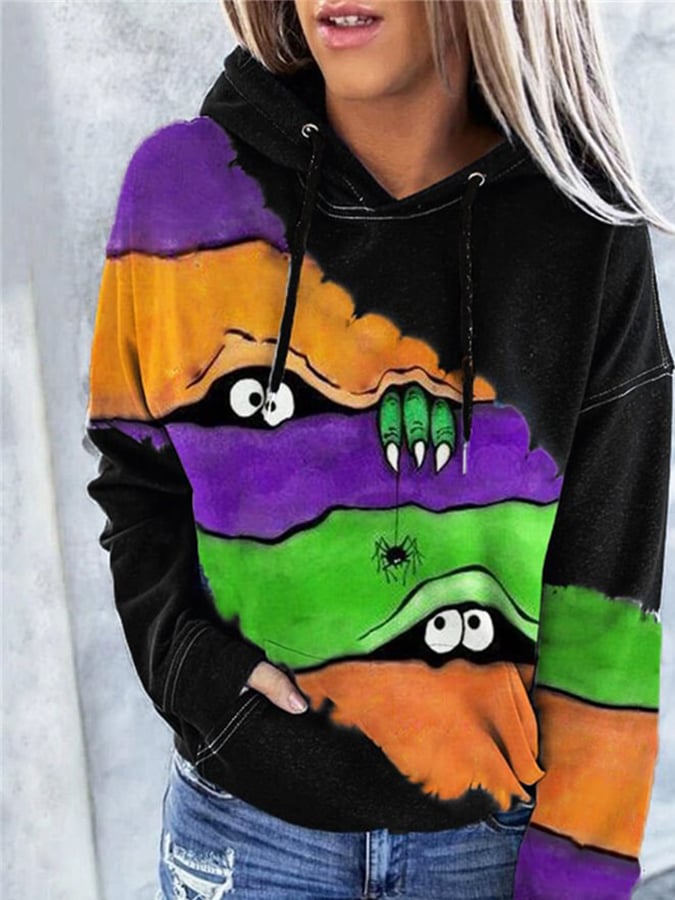 Women's Casual Halloween Peek Monster Print Hoodie
