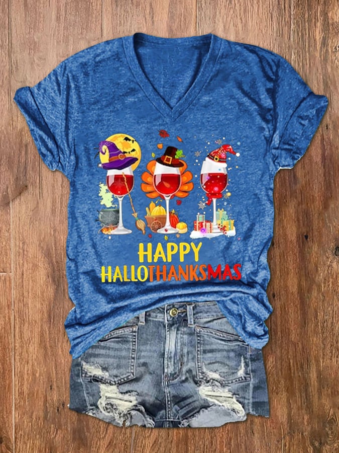 Women's Happy Hallothanksmas Wine Glass Casual V-Neck Tee
