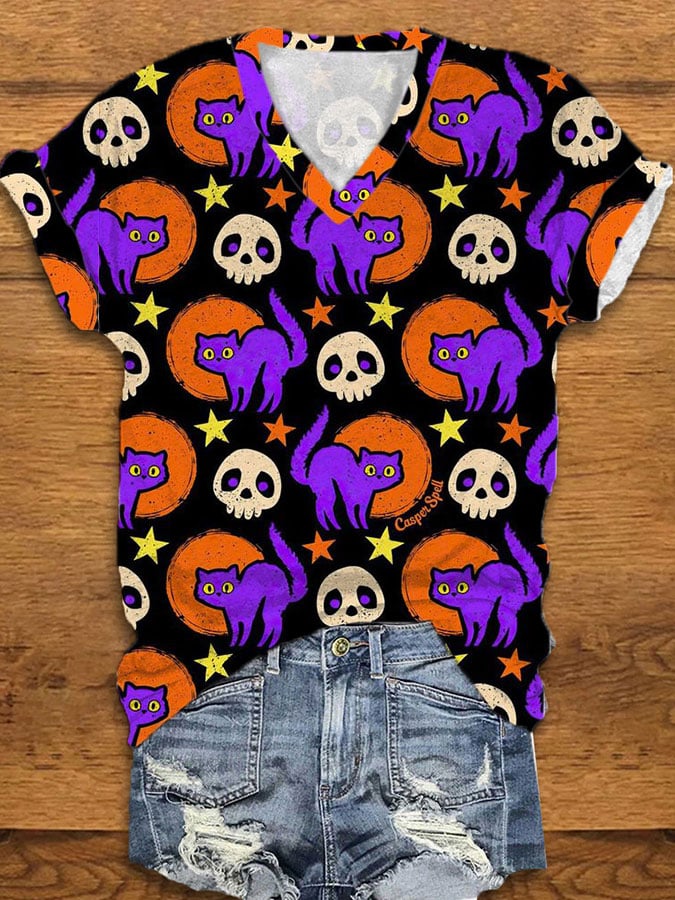 Women's Skull Cat Print V-Neck T-Shirt