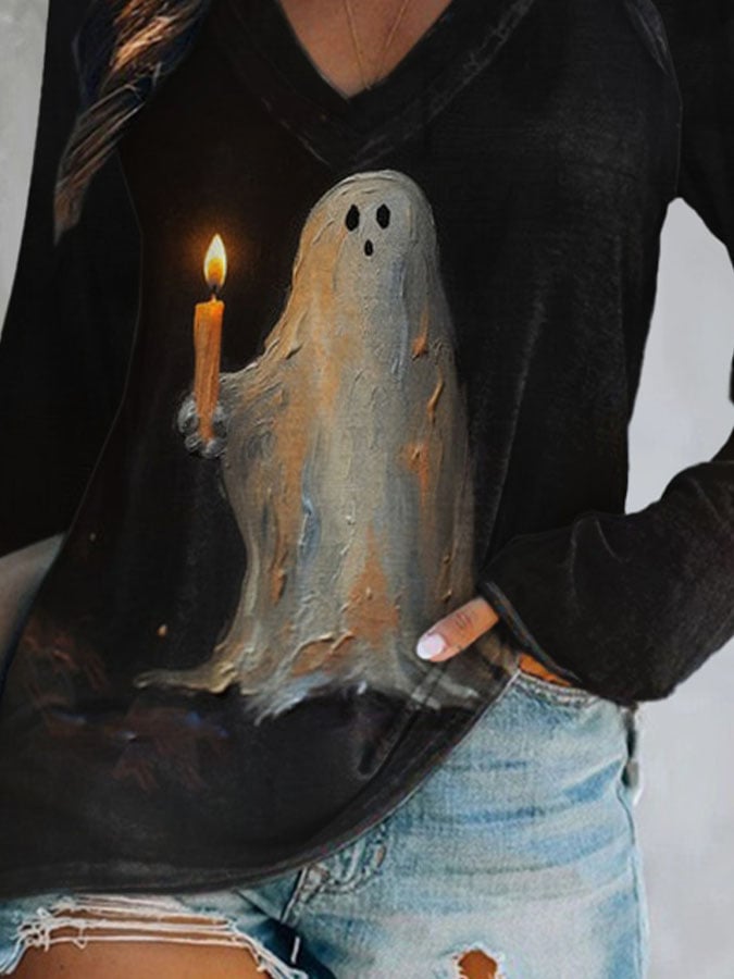 Retro Ghost Painting Candle Print T-Shirt