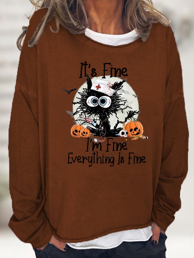 Women's Black Cat I’m Fine Pumpkin Light Casual Halloween Loose Sweatshirts