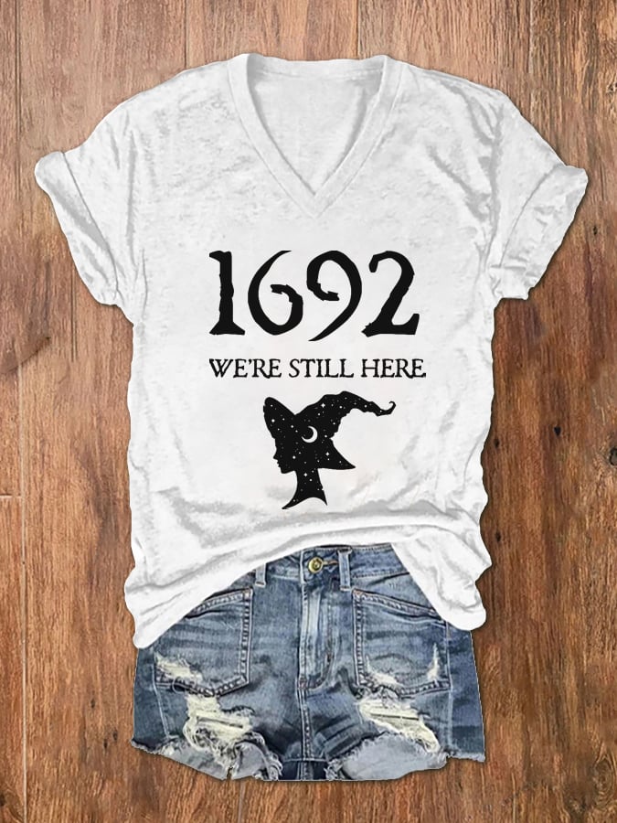 Women's Salem 1692 We're Still Here Print V-Neck T-Shirt