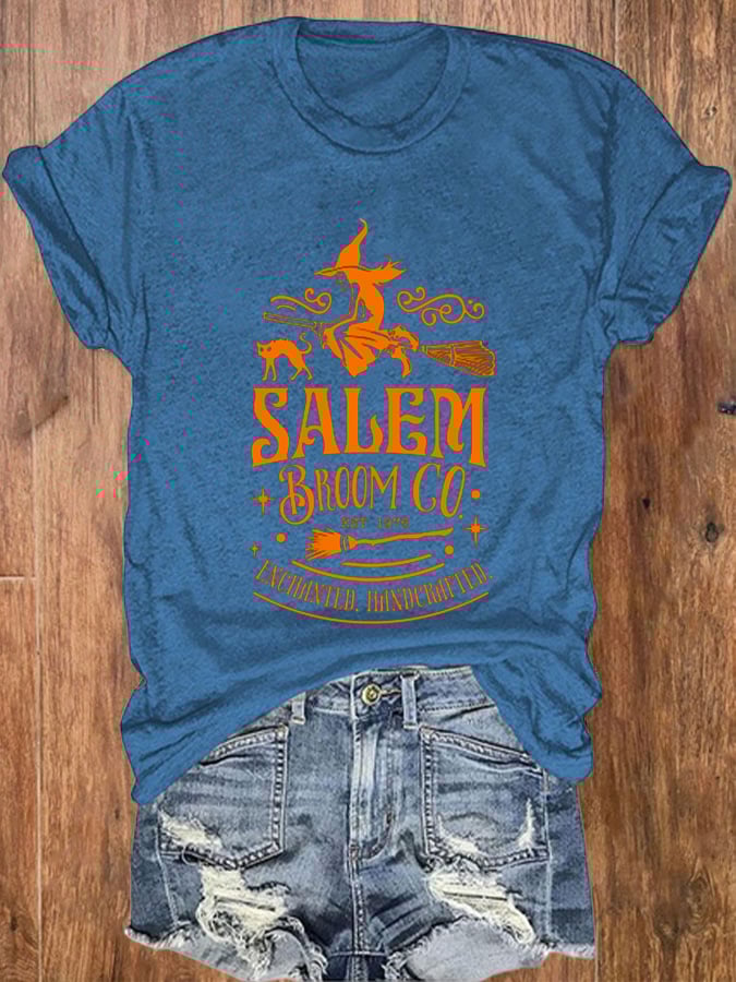 Women's Halloween Salem Broom Company Print O-Neck T-Shirt