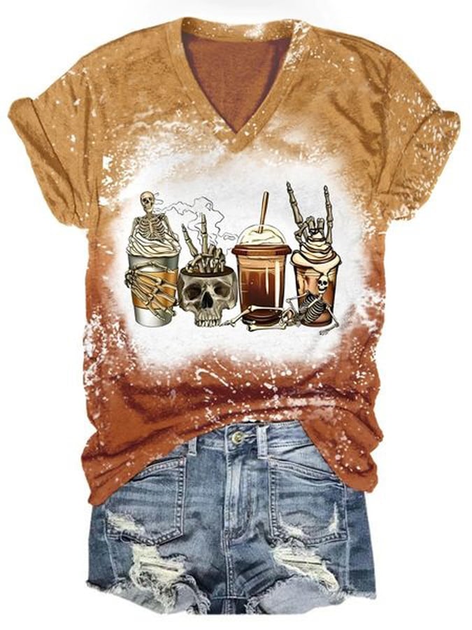 Women'S Skull Coffee Print Gradient Tie Dye T-Shirt