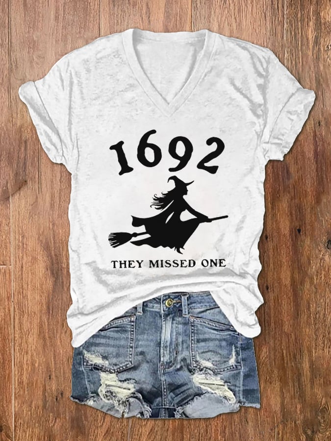 Women's 1692 Witch They Missed One Print V-Neck T-Shirt