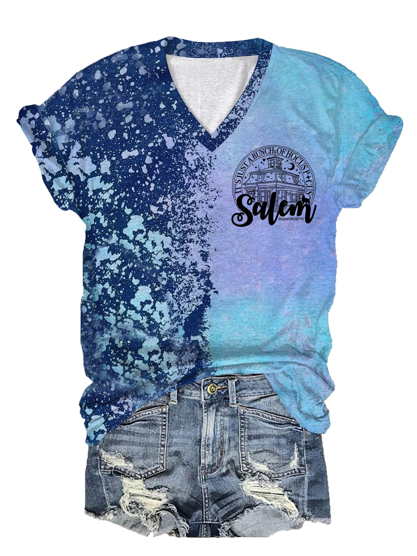 Women's Salem Witch Halloween Print V-neck T-shirt