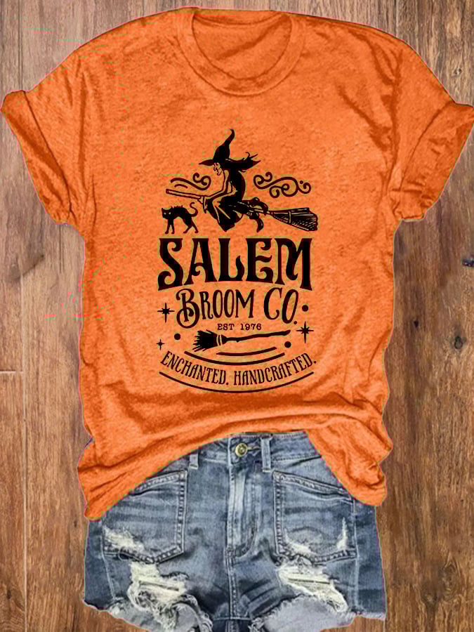 Women's Halloween Salem Broom Company Print O-Neck T-Shirt