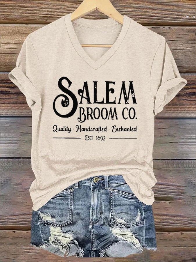 Women's Salem Broom Co Quality Handcrafted Enchanted Est 1692 Print T-Shirt