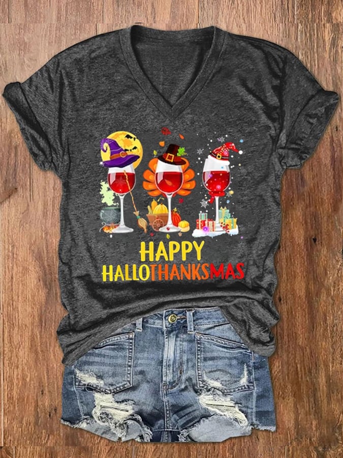 Women's Happy Hallothanksmas Wine Glass Casual V-Neck Tee