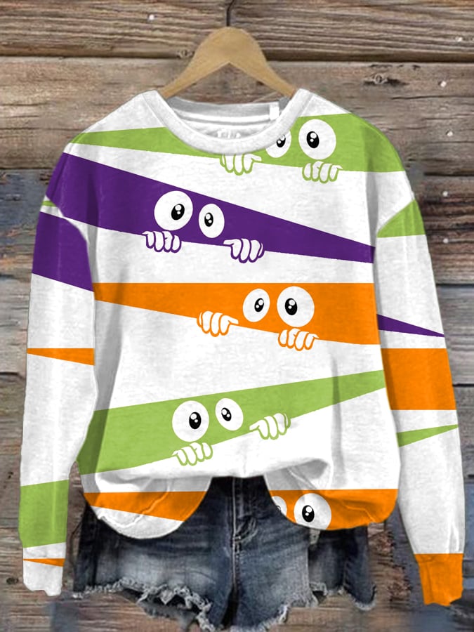 Women's Halloween Peek Monster Print Round Neck Sweatshirt