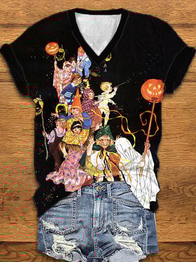 Women's Vintage Halloween Print Casual V-Neck Tee