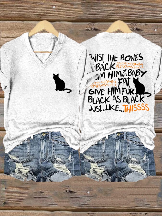 Women's Twist The Bones Black Cat Print V-Neck T-Shirt