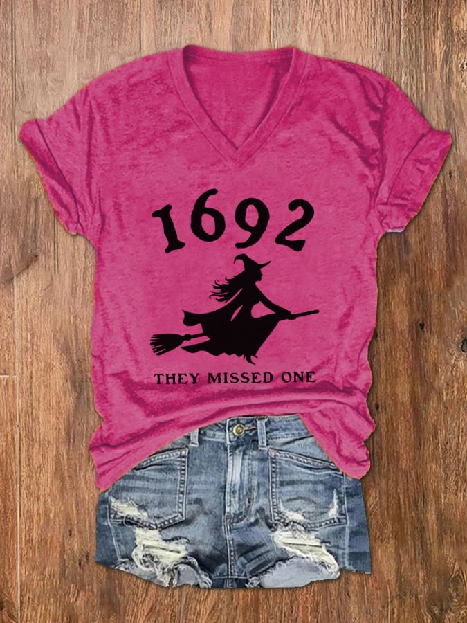 Women's 1692 Witch They Missed One Print V-Neck T-Shirt