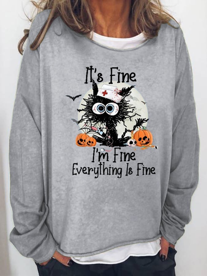 Women's Black Cat I’m Fine Pumpkin Light Casual Halloween Loose Sweatshirts