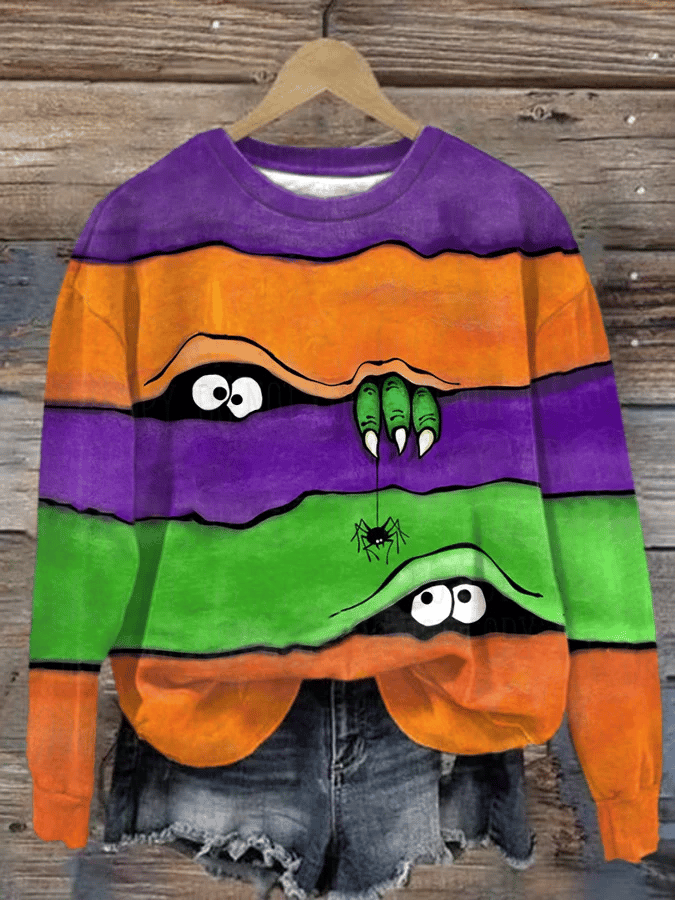 Women's Casual Halloween Peek Monster Print Long Sleeve Sweatshirt