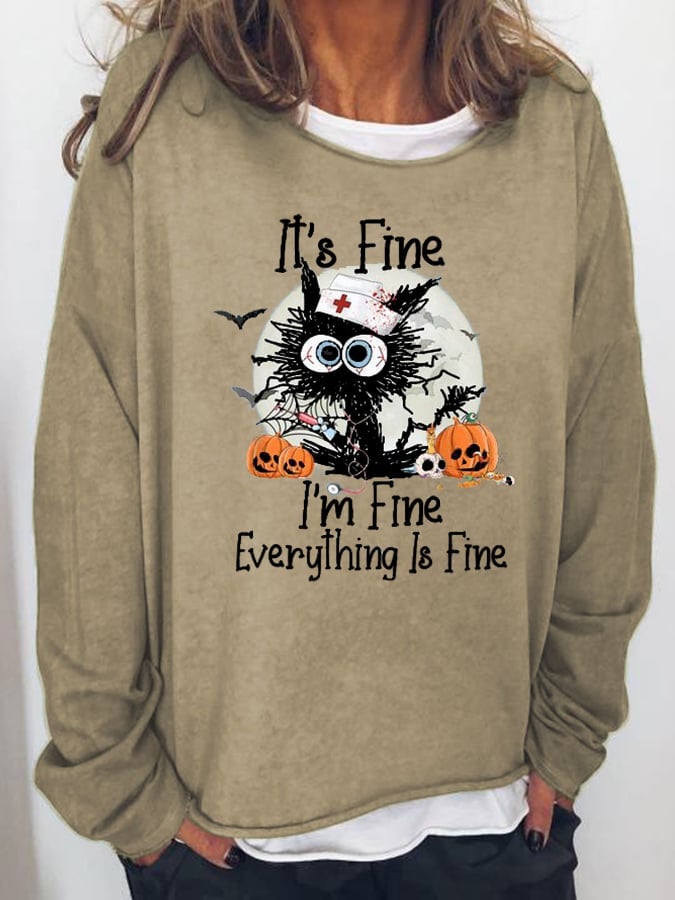 Women's Black Cat I’m Fine Pumpkin Light Casual Halloween Loose Sweatshirts