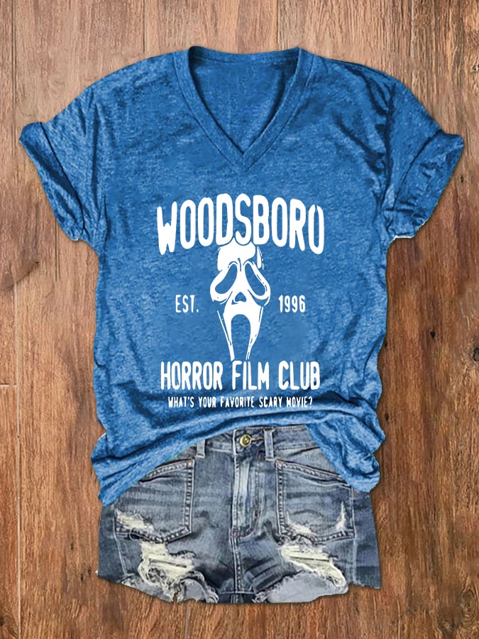 Women's Woodsboro Horror Film Club Scream Ghost Print V-Neck T-Shirt