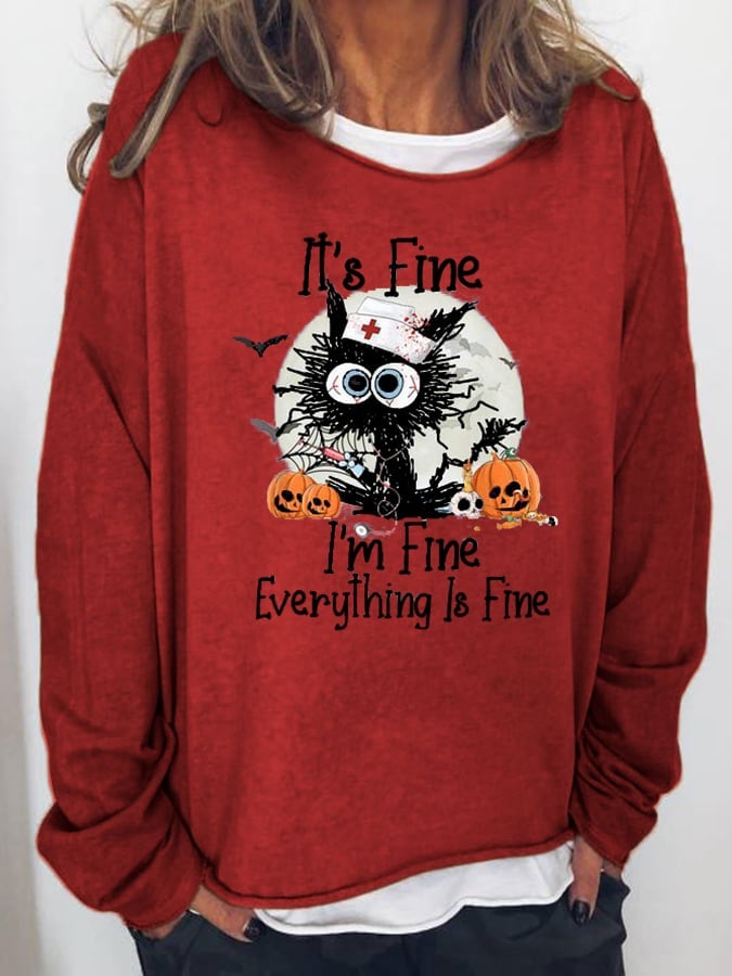 Women's Black Cat I’m Fine Pumpkin Light Casual Halloween Loose Sweatshirts