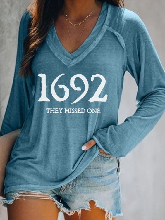 Women's 1692 They Missed One Salem Witch Casual V-Neck Long-Sleeve T-Shirt