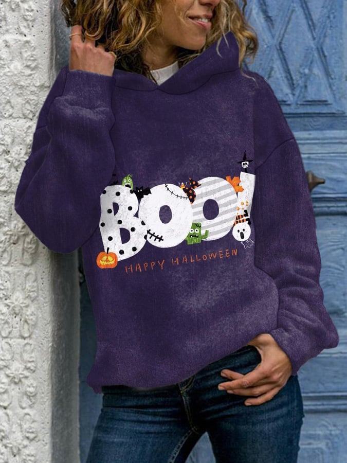 Women's Boo Happy Halloween Print Hoodie