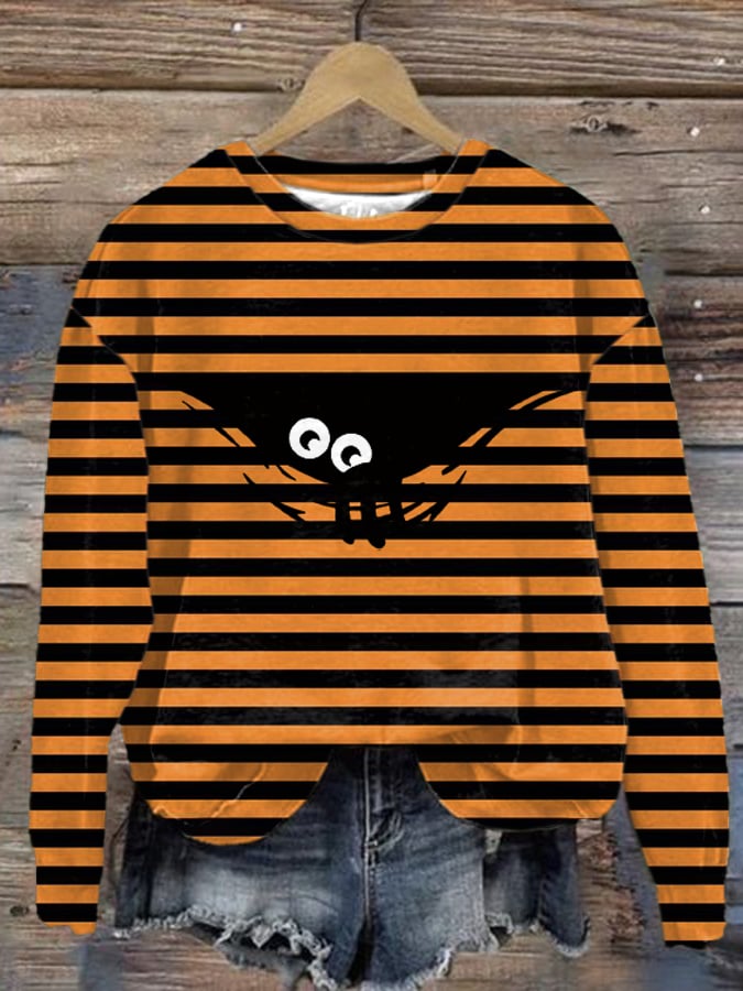 Women's Halloween Striped Print Round Neck Sweatshirt