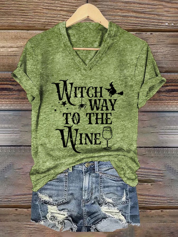 Women's Wicth Way To The Wine Print V-Neck T-Shirt