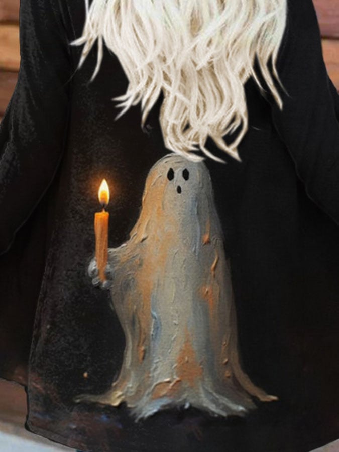 Retro Ghost Painting Candle Print Long Sleeve Cardigan