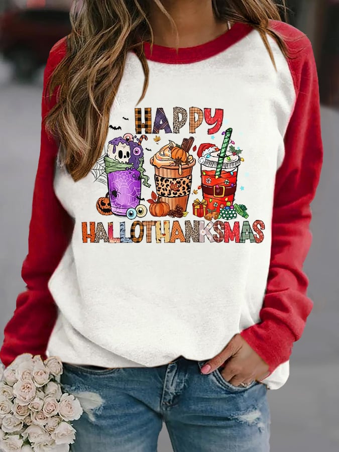 Happy Hallothanksmas Pumpkin Drink Skull Print Sweatshirt