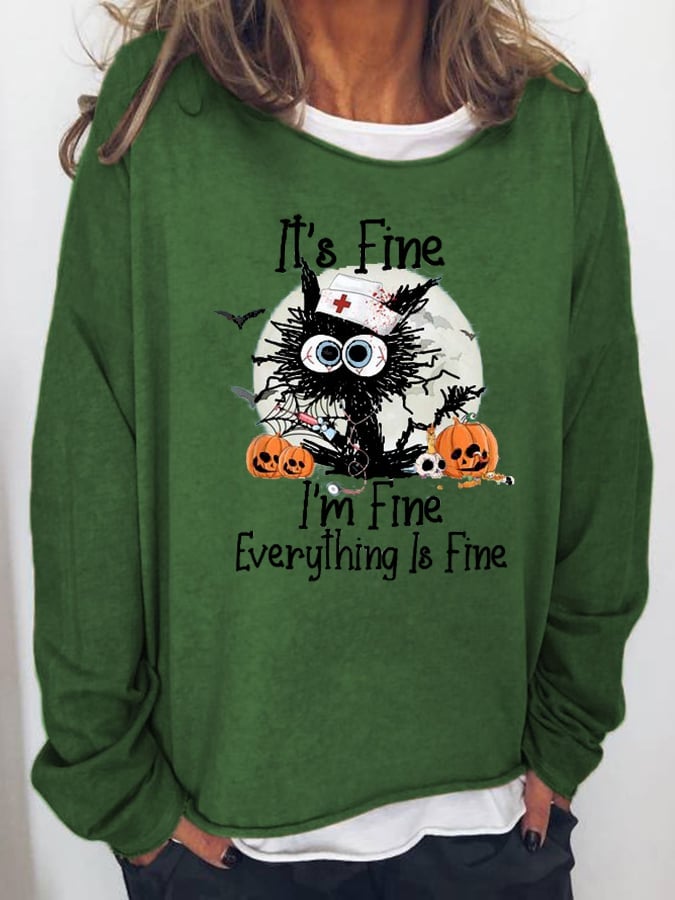 Women's Black Cat I’m Fine Pumpkin Light Casual Halloween Loose Sweatshirts