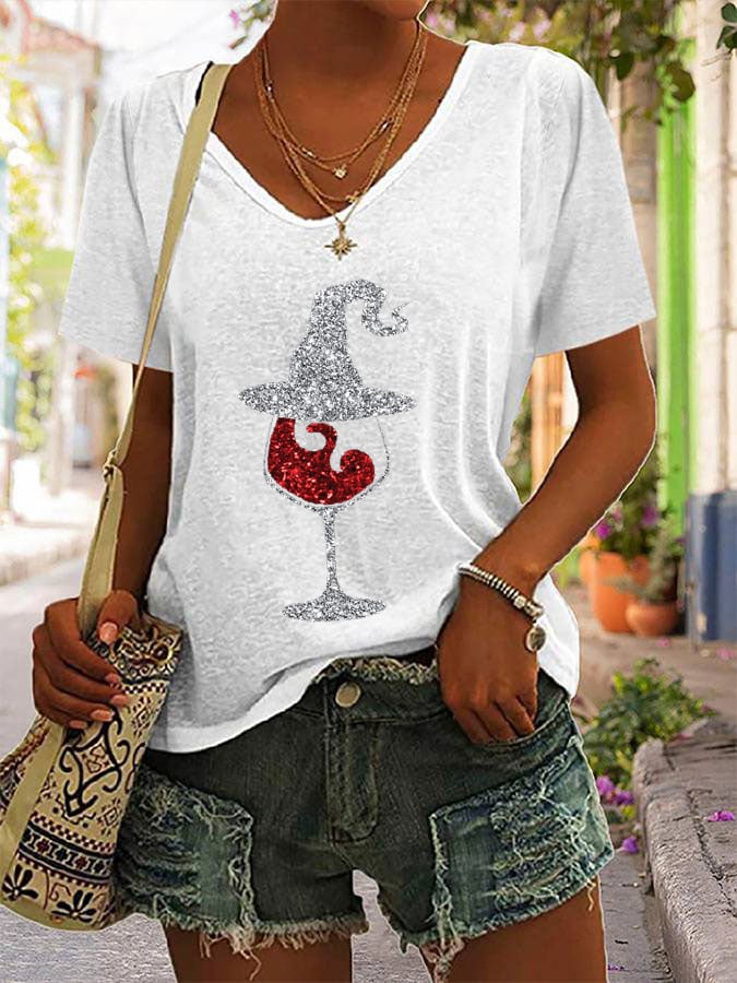 Women's Halloween Red Wine Glass Print Casual T-Shirt