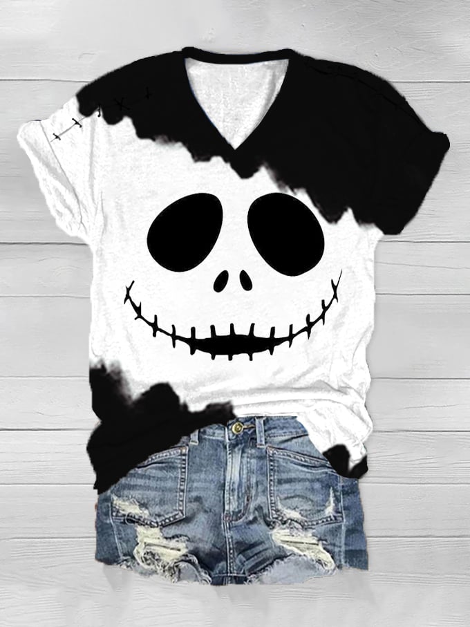 Women's Halloween Grimace Stitched Print V-Neck T-Shirt
