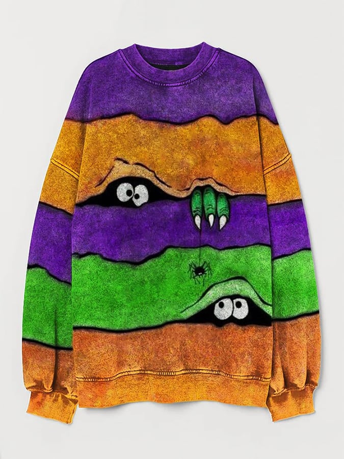 Women's Casual Halloween Peek Monster Print Long Sleeve Sweatshirt