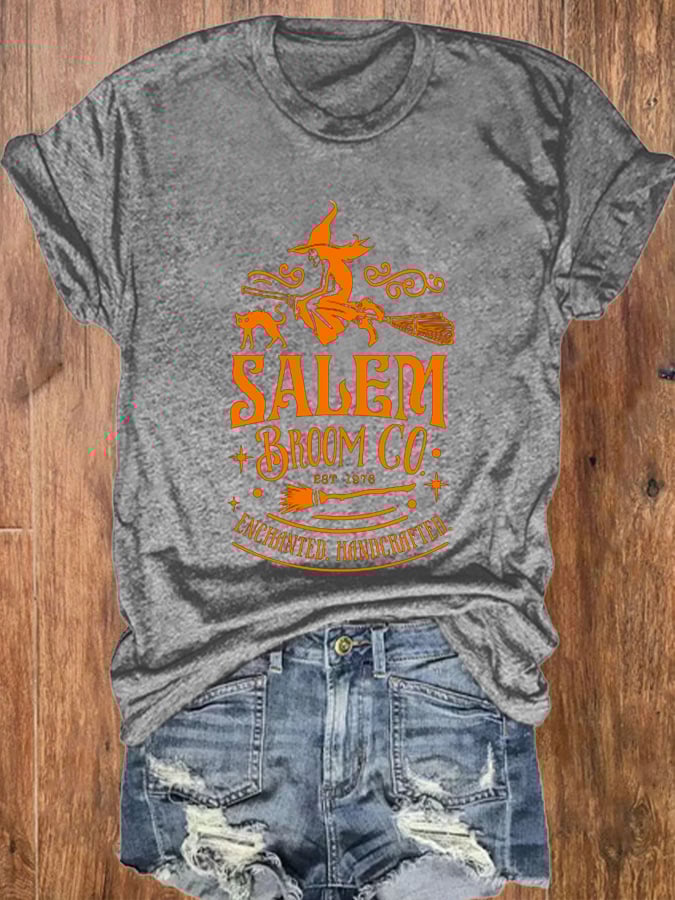 Women's Halloween Salem Broom Company Print O-Neck T-Shirt