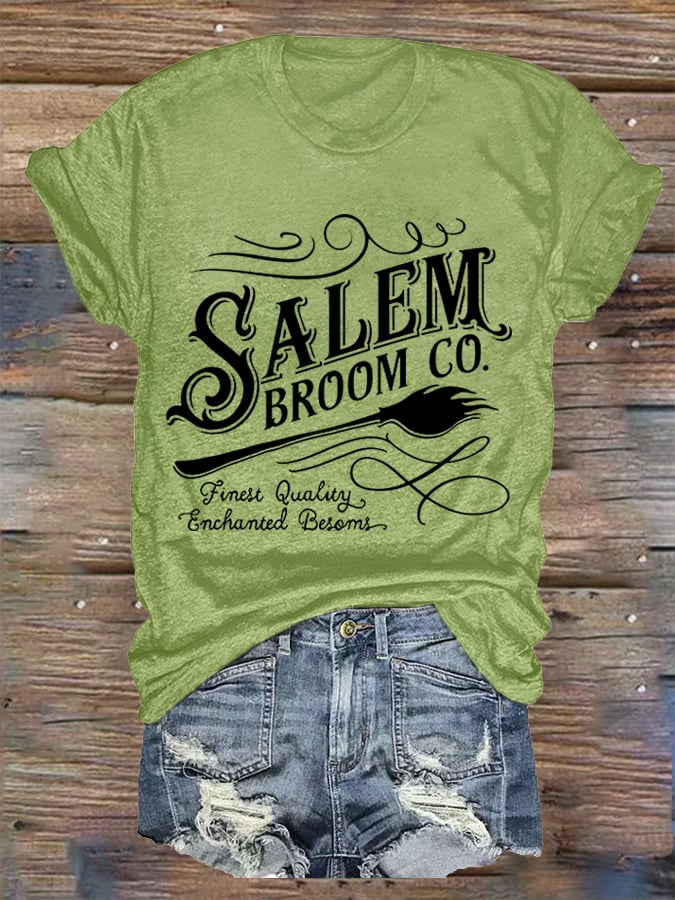 Women's Funny Halloween Salem Broom Co. Casual V-Neck Tee