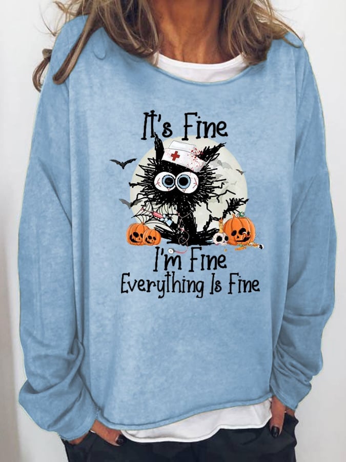 Women's Black Cat I’m Fine Pumpkin Light Casual Halloween Loose Sweatshirts