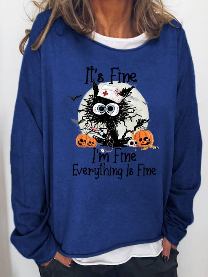 Women's Black Cat I’m Fine Pumpkin Light Casual Halloween Loose Sweatshirts